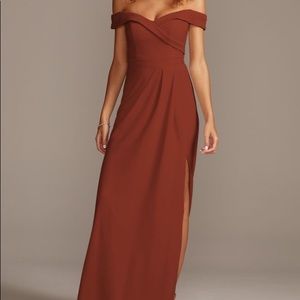 David’s Bridal Crepe off-the-shoulder gown in cinnamon/rust (size 6)
